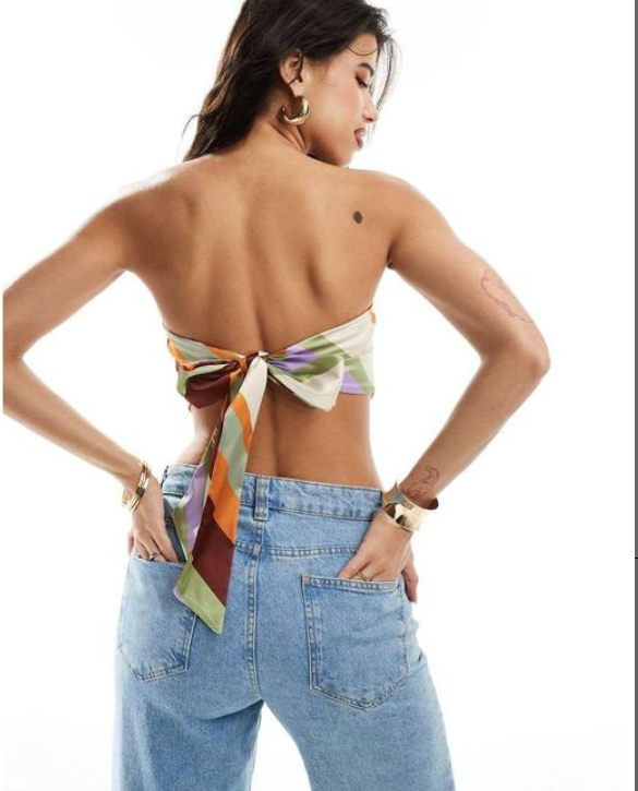 ASOS DESIGN Stretch Satin Bandeau Top met Tie Back in Multi Color - EU 36