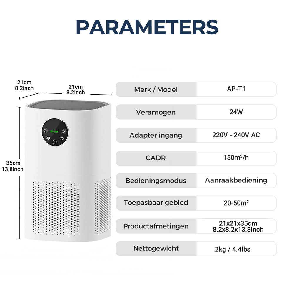 Rouny luchtreiniger voor thuis, H13 echt HEPA-filter, CADR 150 m³/u, bereik 20-50 m², slaapmodus ≤25 dB, luchtkwaliteitsdisplay, 4 ventilatorsnelheden voor huisdieren en slaapkamer, AP-T1