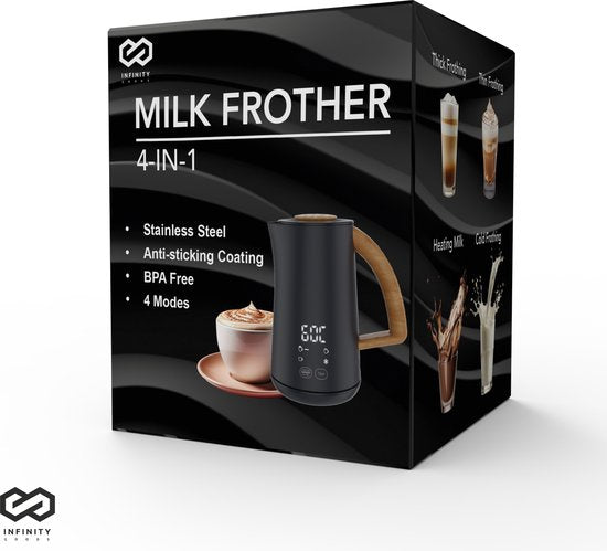 Infinity Goods Melkopschuimer - Elektrisch - 4 Functies - 500ML - Melkschuimer - Verwarmen - Antikleeflaag - Zwart
