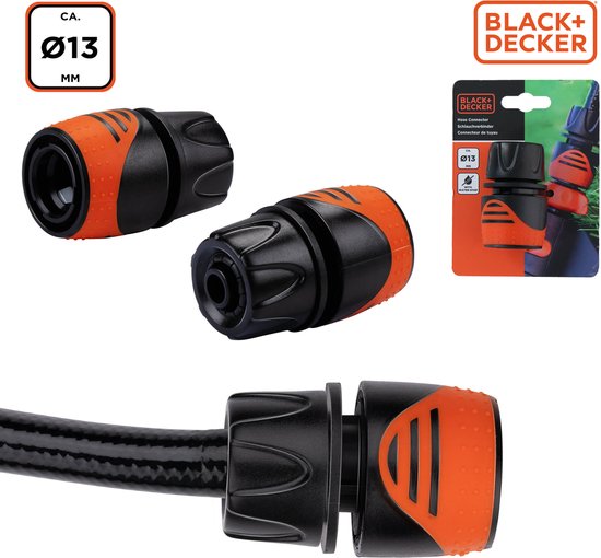 BLACK+DECKER Tuinslang Koppeling 1/2'' - Tuinslangen ⌀13mm - Geïntegreerde Waterstop - Kunststof - Zwart/ Oranje