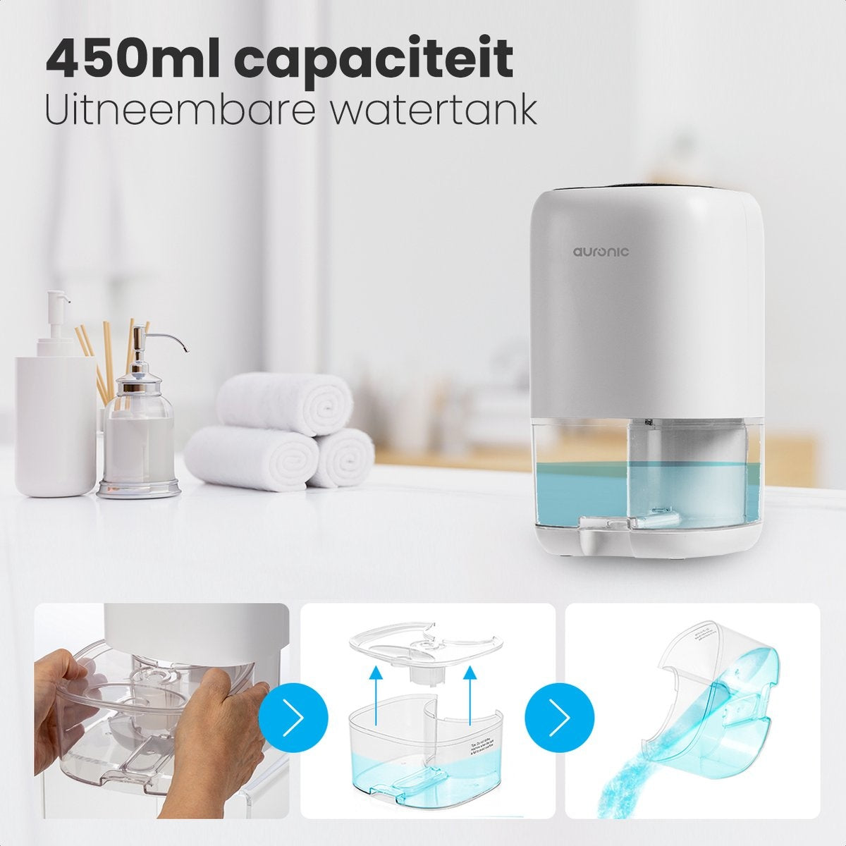 Auronic Luchtontvochtiger – 450 ml/dag – 1000 ml Reservoir – Tot 20 m² – 25,6 x 15 x 15 cm – Wit