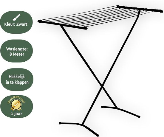 BRASQ Droogrek Staand Zwart - 8 meter - Wasdroger - Inklapbaar Wasrek - Staand Droogrek - Droogrekken - 90x53x83 cm