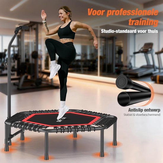 DH FitLife Fitness Indoor Trampoline | Ø114cm 45 inch Mini Trampoline voor Cross Jumping | Draagvermogen 150 KG | Met 3 verstelbare handgreepstanden | Stabie