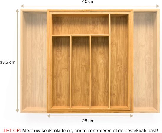 Budu Uitschuifbare Bamboe Bestekbak #33,5 (33,5 cm diep) - Bestekcassette Hout - Besteklade - 33,5 x 28 - 45 cm - 5/7 vakken