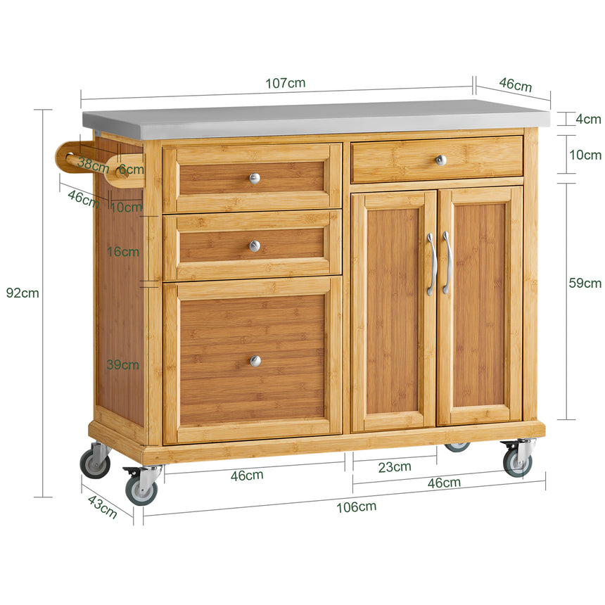 SoBuy Mobiel Keukeneiland van Bamboe met RVS Werkblad – 4 Lades & Kast – 115 cm