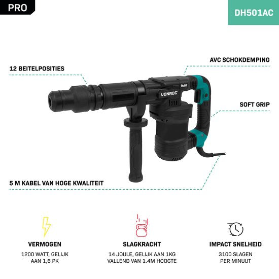 VONROC PRO Breekhamer 1200W - 6kg – slagkracht: 14 Joule – impactsnelheid: 3100 p/m – 5 meter kabel - Incl. zij-handgreep, puntbeitel, platte beitel en tube smeervet