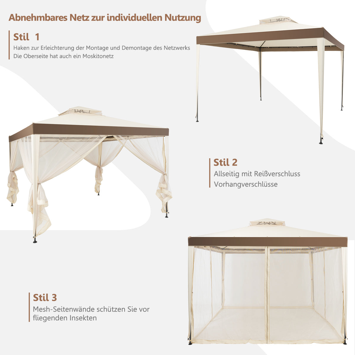 Tuinpaviljoen met 4 zijwanden - Incl. 8 Metalen Haringen en Scheerlijnen -300 x 300 x 265 cm - Beige