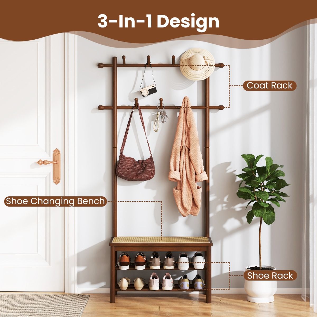 Coast Bamboe Kapstok met Bankje - Schoenenrek - PE-rotan Zitting - Bruin & Naturel - 71 x 30 x 169,5 cm