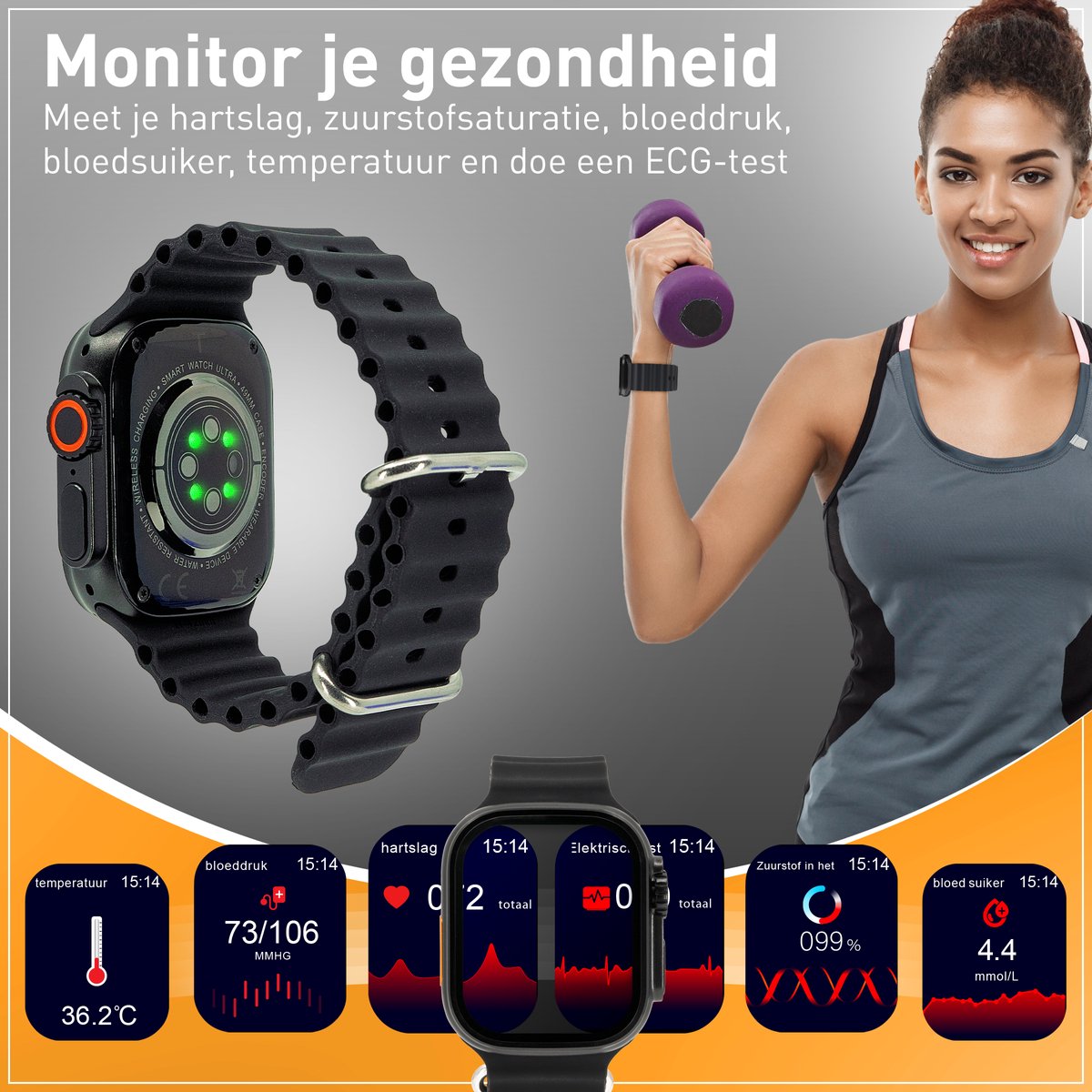 Techancy Smartwatch - Bluetooth - Lange Batterijduur - Slaaptracker - Heren & Dames - Zwart