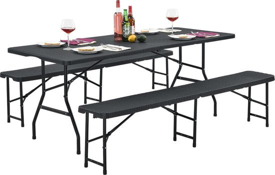 Biertafel / bierbank / bierset - Kunststof / Rotan - 3-delig - Zwart