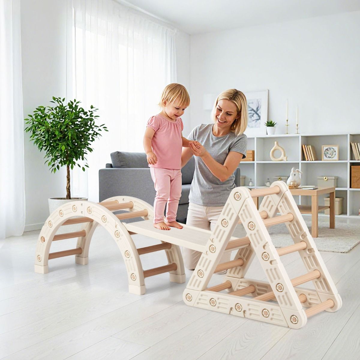 Coast Montessori klimset voor kinderen - 5-in-1 houten klimrek met boog en dubbelzijdige ladder - beige en koffie