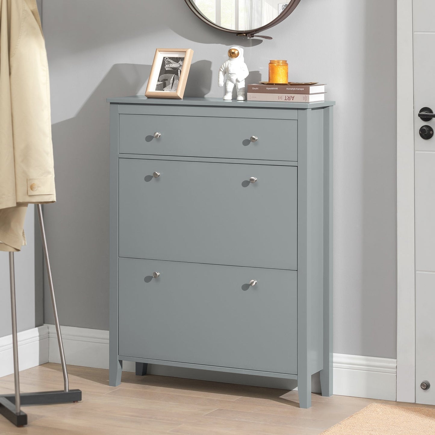 SoBuy FSR89-HG Schoenenkast met 2 Kleppen en 1 Lade - 80 x 25 x 108 cm - Grijs