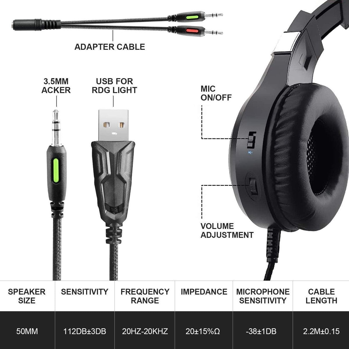 J-ANKKA - Over-ear hoofdtelefoon - F2 RGB - Gaming hoofdtelefoon met microfoon - Zwart