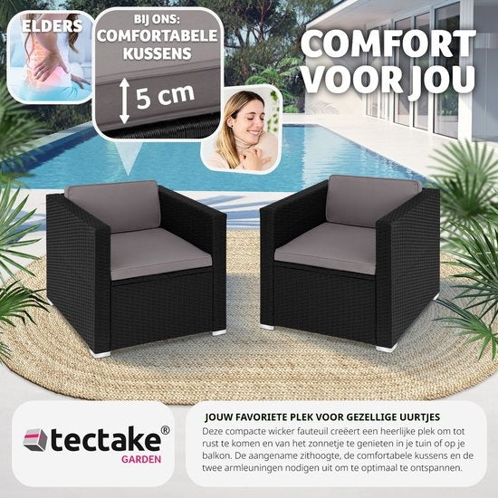 tectake® comfortabele wicker fauteuil met armleuningen, tuinmeubelen voor balkon, tuin, lounge, 70 x 69 x 65 cm, waterafstotende en wasbare hoezen, inclusief zit- en rugkussens - zwart - poly-rattan