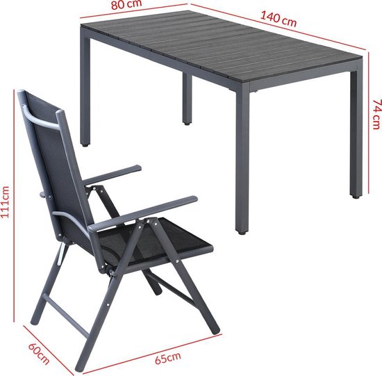 Tuinset 6 + 1 Klapstoelen Tuintafel \/u2013 Aluminium 140x80cm - Grijs