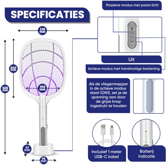 TTD® Premium Elektrische Vliegenmepper en Muggenlamp Oplaadbaar - 2 Standen Vliegenmepper en Muggenlamp - 2500 Volt - Met Veiligheidsnet - UV-Licht - Vliegenvanger - Vliegenlamp - Muggenlamp voor Binnen en Buiten - Muggenvanger - Insectenlamp