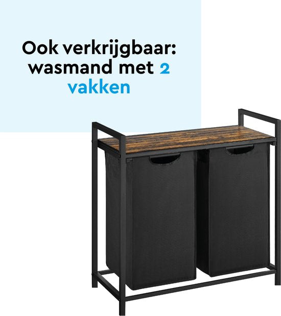 BRASQ Wasmand 3 vakken - Wassorteerder 114 Liter - Uitschuifbaar met Plank 92,5x33x71 cm - Wasbox Zwart Metaal - Bruin hout - Basket