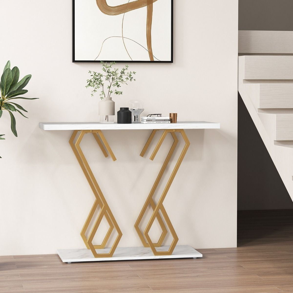 Coast Bijzettafel - Marmerlook - 100 x 30 x 79 cm - Wit/ Goud