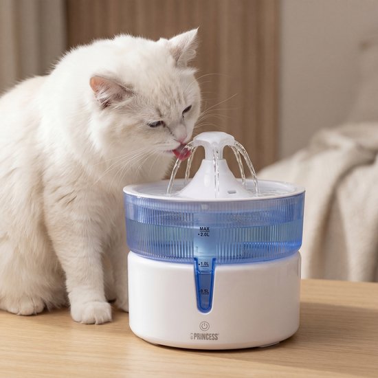 Princess Drinkfontein voor Kat - 2 Liter – 4‑laags Filtratie – Fluisterstil 30 dB – BPA‑vrij – Draadloze Pomp – Incl. Filter - Katten & Honden - Makkelijk Schoon te Maken - 620010