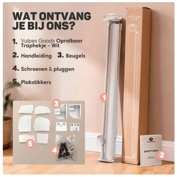 Vulpes Goods® – Oprolbaar Traphekje – 145 x 84 cm – Voorzien Van Push-En-Lock Kinderslot En Kleurindicator En Eénhandige Bediening – Voor Kinderen En Huisdieren – Wit Kunststof En Gaas