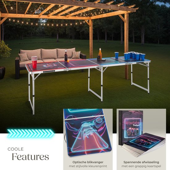 tectake® Beerpong Tafel - Met Feestdecoratie - LED-verlichting - Bierpong Tafel in Hoogte Verstelbaar en Inklapbaar - Drankspel met Accessoires - 100x Plastic Bekers, 6x pingpongballen, Kaartspel met Kaarten