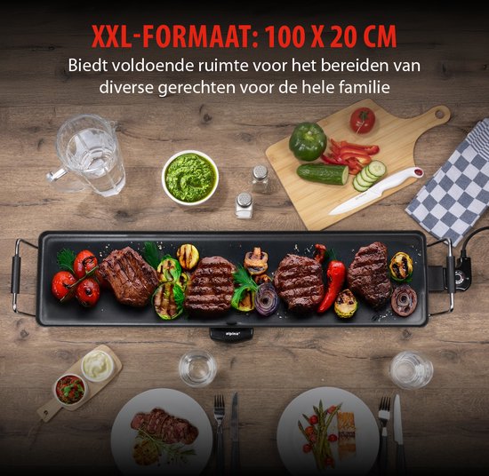 alpina Teppanyaki Bakplaat XXL - Bakplaat - 100x20cm - 2000W - Regelbare Thermostaat - Anti-Aanbaklaag - Zwart
