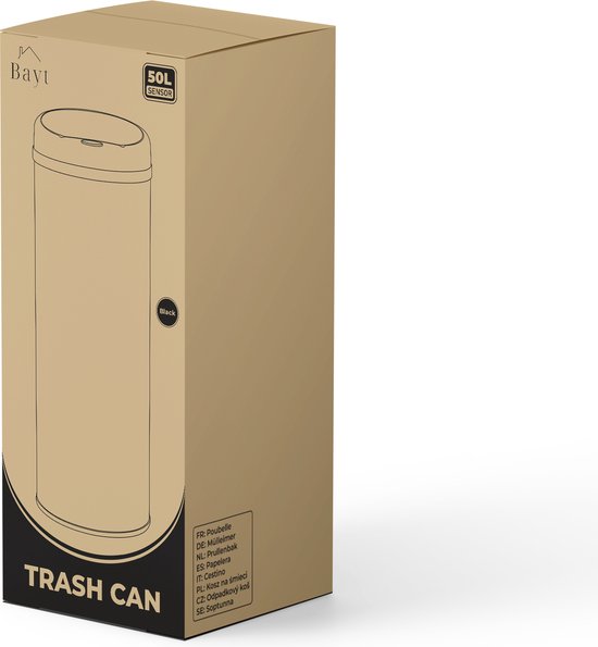 Bayt Prullenbak - Prullenbak 50 Liter - Prullenbak met Sensor - Vuilnisbak - Afvalbak - Afvalemmer - Zwart