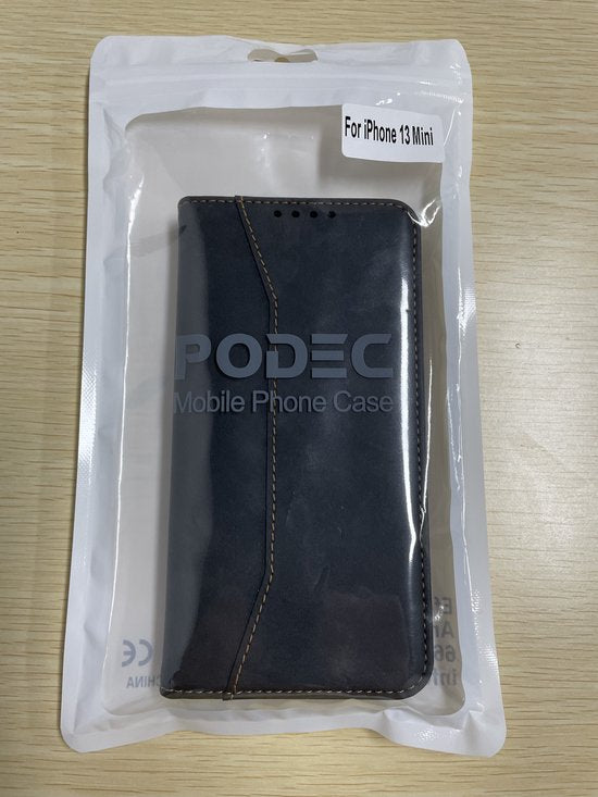Podec Hoesje met Pasjeshouder Geschikt voor iPhone 13 Mini Zwart Telefoonhoesje - Anti-Shock Bookcase Cover met 1x Screenprotector - Wallet Case