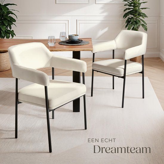 tectake® Eetkamerstoel met armleuning - Fluweelzachte stof - Gestoffeerd met stalen poten - set - div kleuren - Set van 2 stoelen - Offwhite met zwarte poten