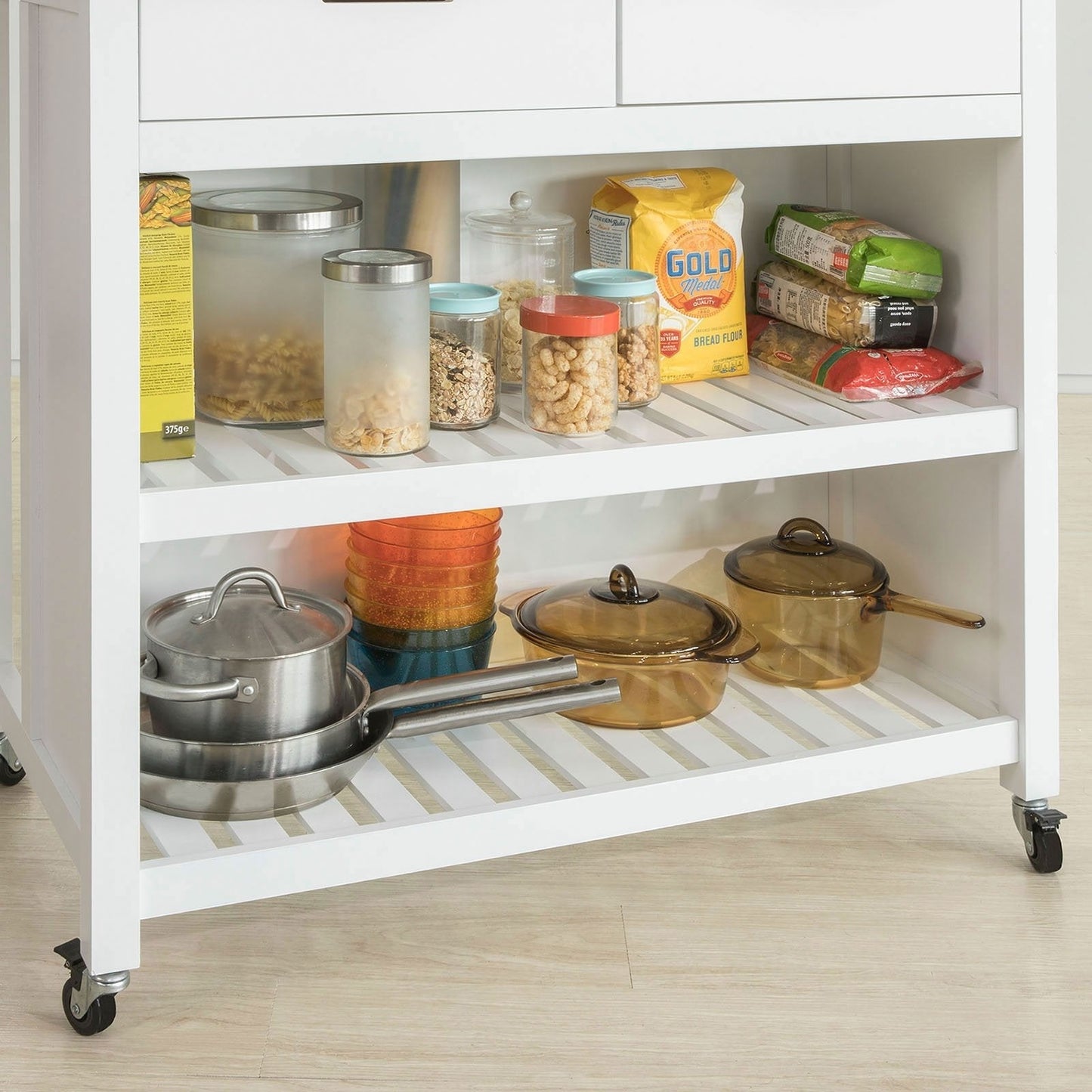 SoBuy - Kookeiland Op Wielen - 100 x 60 x 94 cm - Wit & Hout Composiet - Mobiele Keukentrolley Met Opbergkast - Voor Keuken & Voorraad