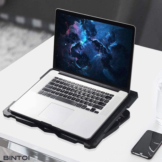 Bintoi® LSE100 – Laptop Standaard Verstelbaar – Tablet Houder – Laptopstandaard Laptoptafel – Laptop Cooler Stand – Laptophouder Laptop Koeler Verhoger – Cooling Pad – 6 Ventilatoren – Cadeau Tip