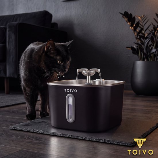 Toivo Drinkfontein Kat - 2.2 L - RVS - Waterfontein met Venster Incl. 4 filters - Waterdispenser - Fluisterstil - Kattenfontein - Drinkbak - Waterbak - Zwart