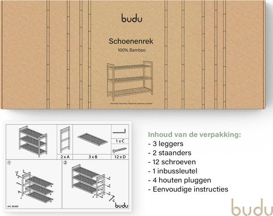 Budu Schoenenrek (3 niveaus) - Schoenenrek bamboe - Schoenenkast hout - Schoenen Organizer