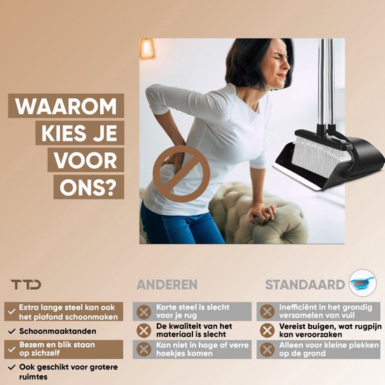 TTD® Stoffer en Blik met Lange Steel XXL - Verstelbaar 54-263 cm - Bezem - Bezemsteel - Grijs & zwart - Veger en Blik - Vuilblik voor Binnen en Buiten - Ingebouwde Schoonmaaktanden
