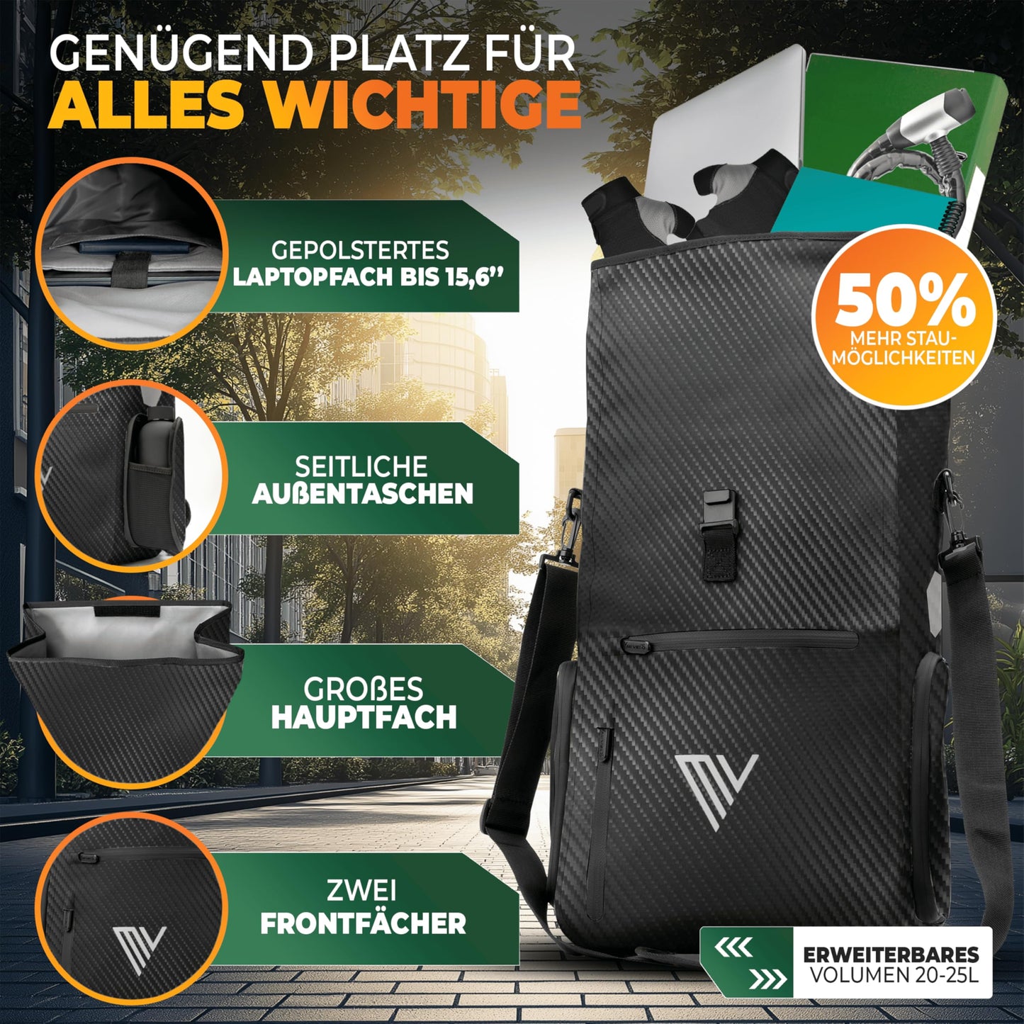 MIVELO EVO 25L 3 in 1 fiets tas voor bagage drager - rugzak en schoudertas - 100% waterdicht - Zwart Carbon