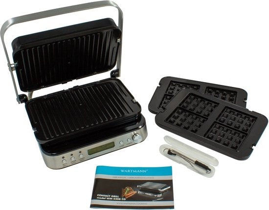 Wartmann WM-2208 CG, Keramische contact grill, tosti apparaat, wafelijzer, PFAS vrij, RVS.