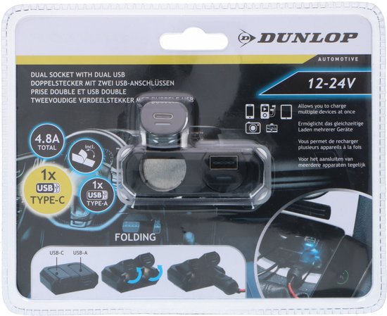 Dunlop Sigarettenaanstekerplug Splitter - USB-A en USB-C - 12V/24V - 4.8 A - 2 Apparaten Tegelijk