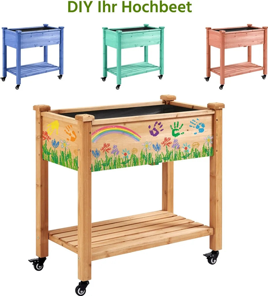 Yaheetech Verhoogde Plantenbak op Wielen 87 x 47 x 83,5 cm - Lichtbruin - Houten Kweekbak met Opbergplank