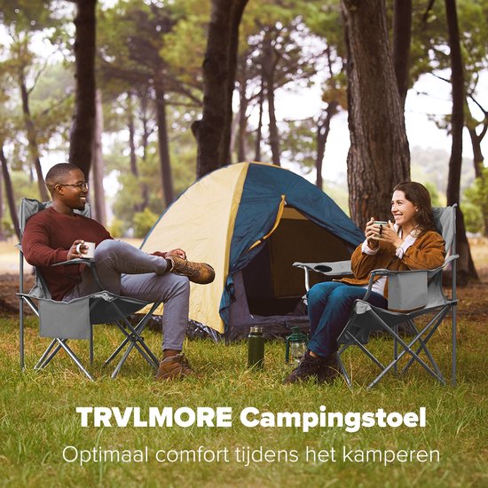 TRVLMORE Campingstoelen - Opvouwbaar - 2 Stuks - Vouwstoelen - 150 kg draagvermogen - Drankhouder - Koelvak - Zijvak - Grijs