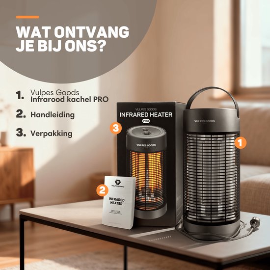 Vulpes Goods® Tech - Infrarood Verwarming - Elektrische Kachel - 1200W - 120°/360° Rotatie - 2 Warmtestanden - Compact & Draagbaar - IPX4 Waterbestendig - Zwart