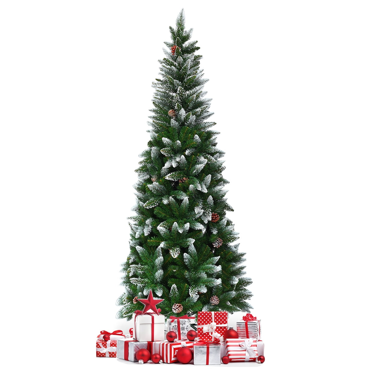 Coast Besneeuwde Slim Kunstkerstboom Groen/Wit – 64 x 183 cm – Met 630 Takpunten en 29 Dennenappels
