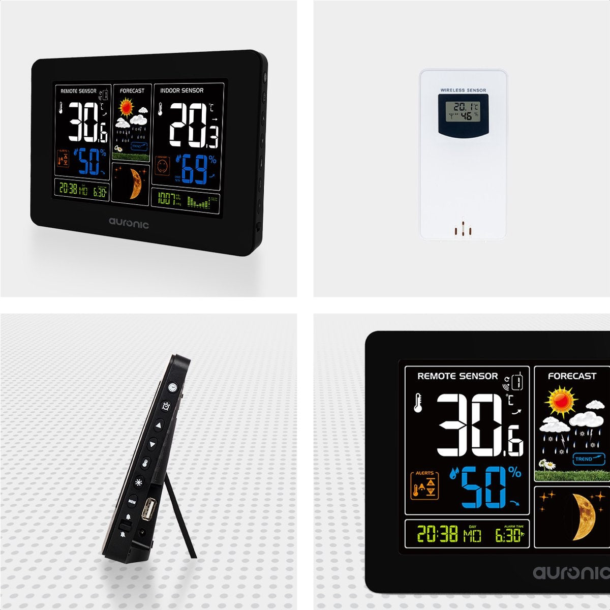 Auronic Weerstation - Draadloos - Binnen en Buiten - met Buitensensor - 60M Bereik - Zwart