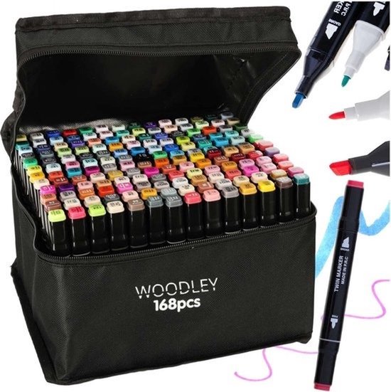 Woodley Dubbelzijdige Stiften - 168 kleuren - Voor volwassen en kinderen - Markeerstiften - Dubbelzijdige stiften - Twinmarkers - Alcohol markers