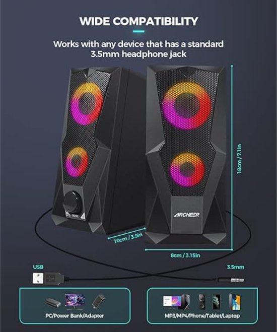 ARCHEER Multimedia Speakers - Computerluidsprekers - RGB - met verbeterde stereobas - 2.0 kanaals - voor pc Desktop Laptop Tablet Smartphones - zwart