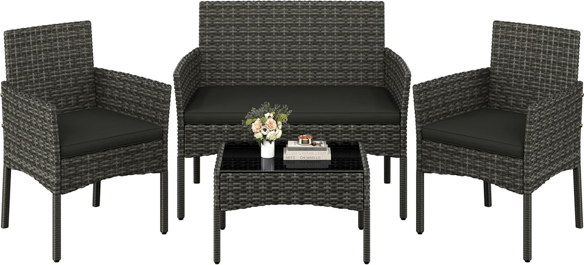 Yaheetech vierdelige tuinmeubelset - bank, twee stoelen en tafel - grijs