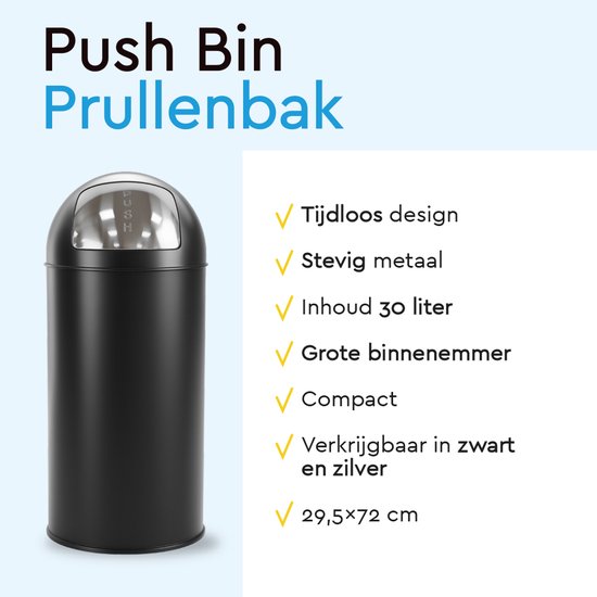 BRASQ Push Bin Prullenbak Zwart Vuilnisbak met uitneembare afvalemmer 30 liter - Afvalbak - Prullenbakken