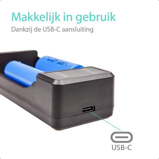 Tech Essentials® 2-Slots Batterijoplader USB-C Met 2x 18650 Oplaadbare Batterijen - 2600mAh 3.6V - 10440/18650 | Li-ion - Flat Top - Houder - Accu - Lithium