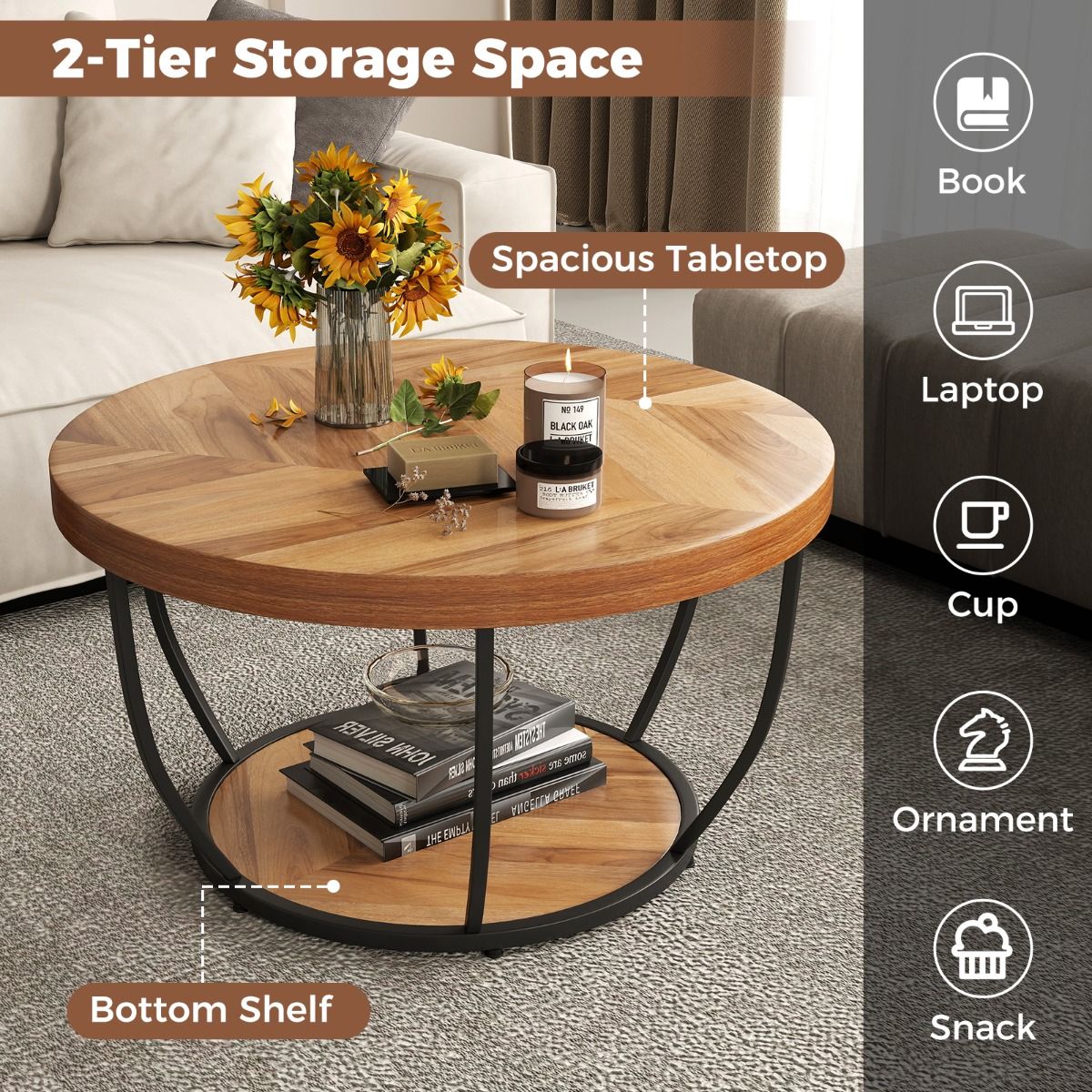 Coast Ronde Salontafel - 2 Lagen - Metalen Frame - Bruin - 80 cm
