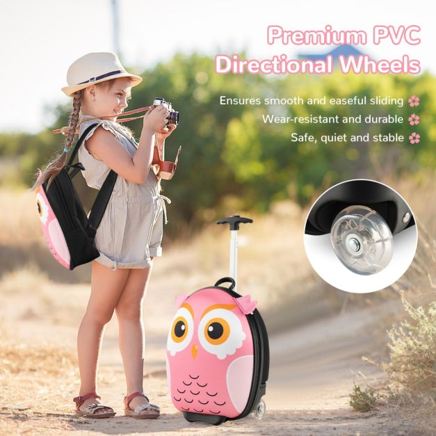 2-Delige Kinderkofferset met 40 cm Kinderkoffer & 30 cm Rugzak Rollende Koffer Reistrolleykofferset voor Kinderen - Roze - Uil