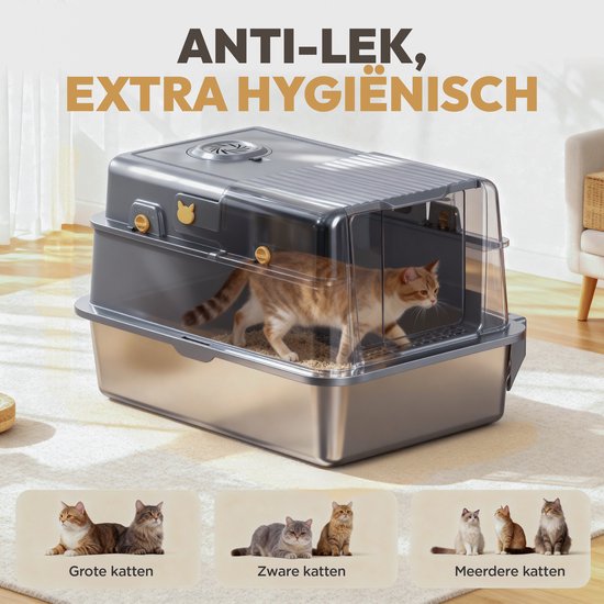 Petsy® - Premium Kattenbak RVS Pro - XXL - Incl. Geurneutralisator - Incl. Kattenbakschep, Grit Opvanger & Uitloopmat - Voor Grote & Kleine Katten - 37L Inhoud Groot -
